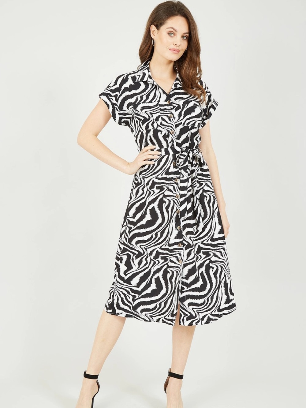 Yumi Dress Womens Size 18 Zebra Print Shirt Dress Pockets Button Belted Coastal